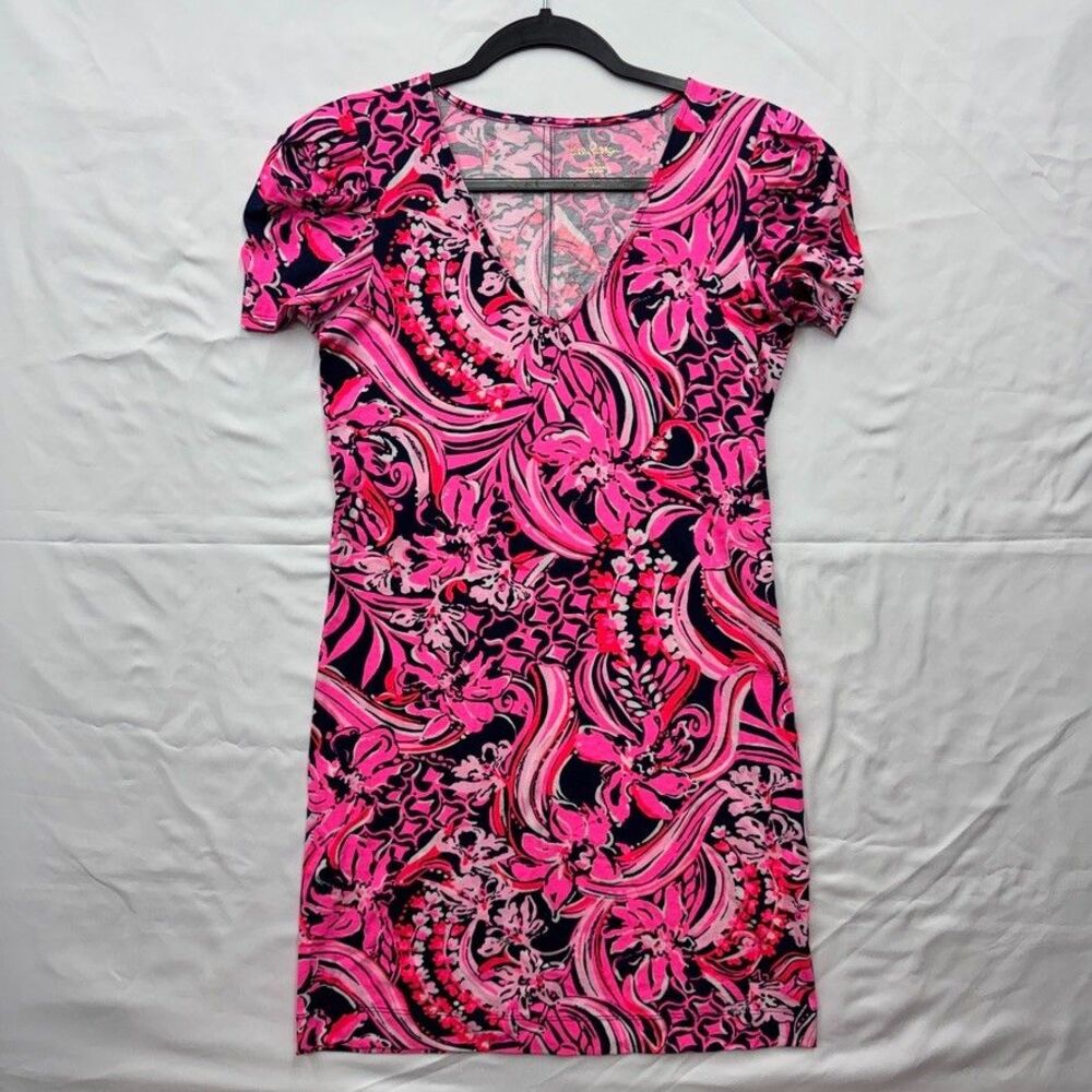 Lilly Pulitzer Womens XS Pink Blue Black Floral Puff Sleeve V-Neck Mini Sheath